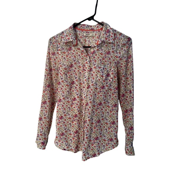 Old Navy Tops - Old Navy Womens XS Floral Button Down Shirt Long Sleeve Cotton White Multi-Color